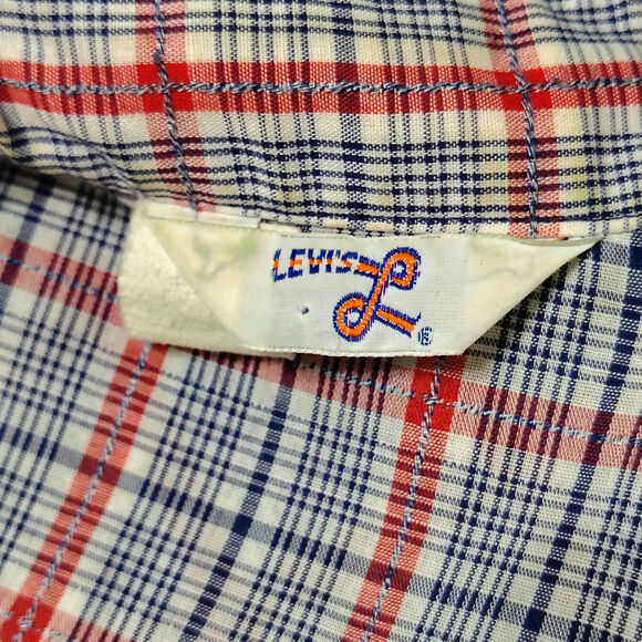 60s Levis Western Cowgirl Button Up Blue Red Shirt Pearl Snap Button Size Small - Picture 8 of 10